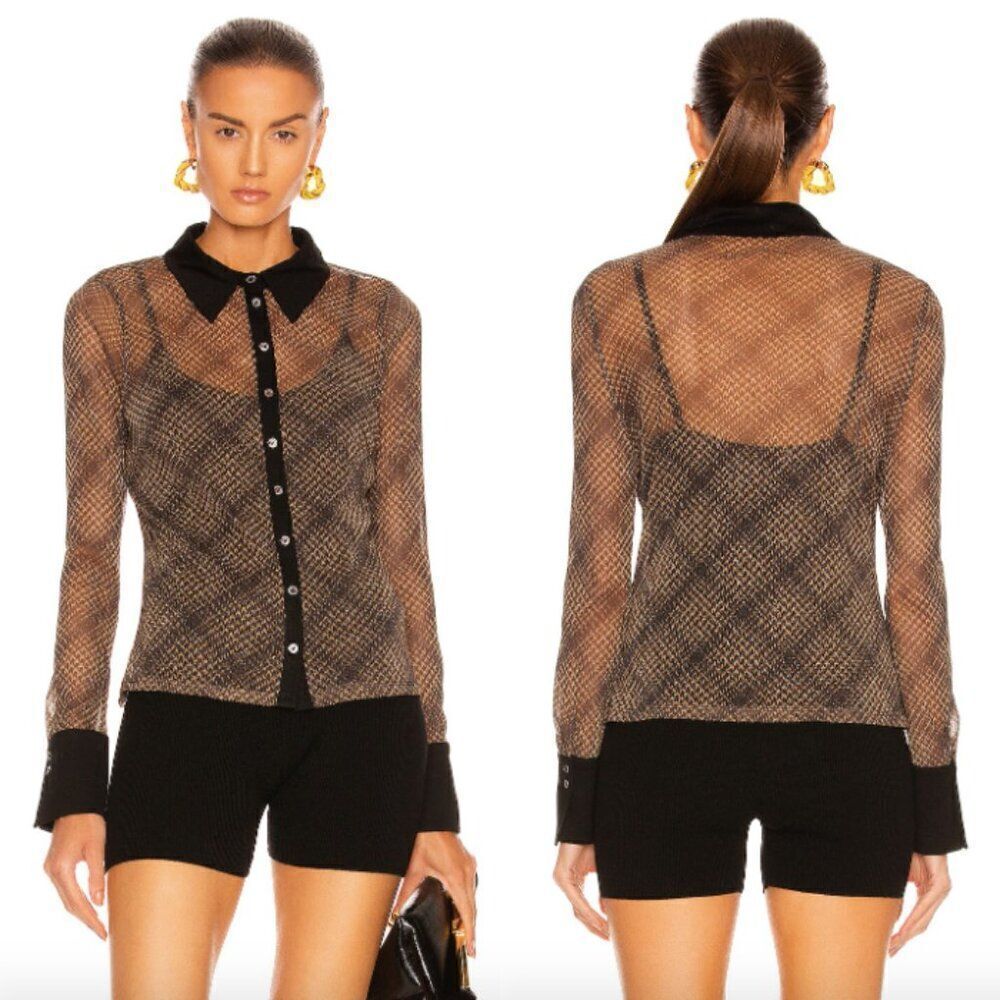 Jonathan Simkhai black brown plaid houndstooth sheer metallic button down shirt